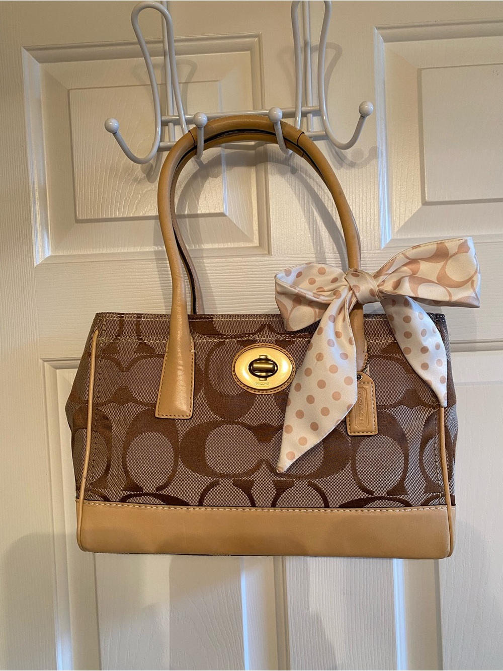 Coach Designer-Inspired Brown Logo Satchel with Tan Trim and a scarf bow